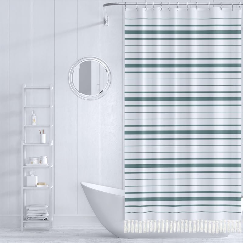 KIZAMI Rideau de Douche bohème 183 × 213 cm, Rideau de Douche à Pompons rayés, Rideau de Douche imperméable, Rideau de séparation Simple pour la décoration de la Salle de Bain de l'hôtel à la