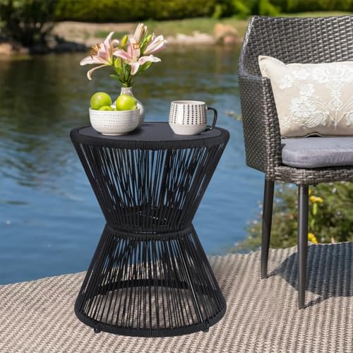 SUNNYPARK Outdoor Side Table 20\'\' H Small End Tables Woven Rope Weather Resistant with Glass Top Round Coffee Table for Indoor Balcony Patio Poolside (Black) - Thumbnail 2