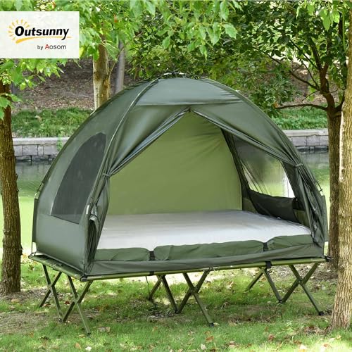 Outsunny 2 Person Foldable Camping Cot with Tent, Bedspread and Thick Air Mattress, 4-in-1 Elevated Camping Bed Tent for Outdoor Hiking, Picnic, Travel