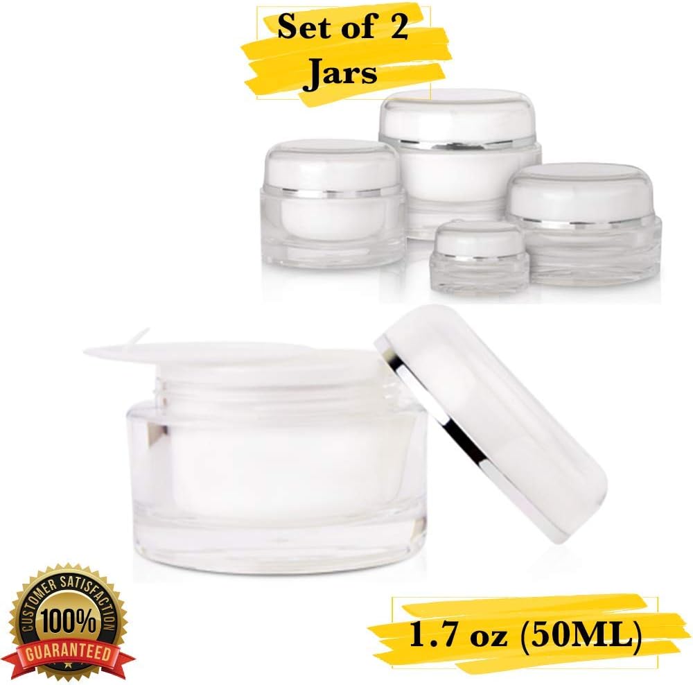 MM Packaging Luxury Cosmetic Jar, Acrylic Round Jars, Refillable Containers, 1.7 oz (50 ml) with Lids. (Set of 2, Silver Trim)