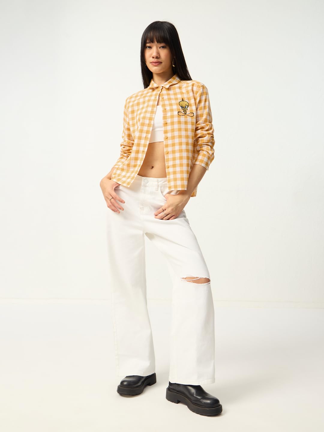 The Souled Store Looney Tunes: Tweety Donne e Ragazze Maniche Piene Colletto Giallo A Scacchi Misto Cotone Lino Vestibilità Regolare Leggero Pop-Culture Camicia Ricamata per Abbigliamento Casual