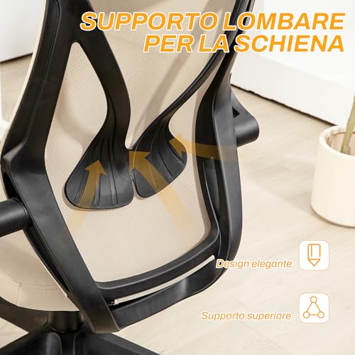 Sedia da Ufficio Ergonomica con Braccioli Ribaltabili, Sedia Scrivania Girevole con Poggiatesta, Altezza Regolabile e Funzione a Dondolo, in Tessuto a Rete, per Studio, Beige - Sedia gaming - Immagine 6