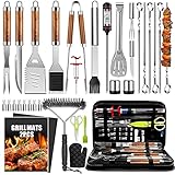 34Pcs Grill Accessories Grilling Gifts for Men, 16 Inches Heavy Duty BBQ Accessories, Stainless Steel BBQ Tools with Thermometer, Grill Mats for Backyard, BBQ Gifts Set for Men Women