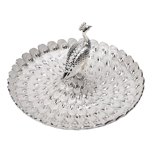 BAOFUYA Aperitivos del Partido Que Sirven la Bandeja, Forma única del Pavo Real Aspecto Decorativo de la Galleta del Metal Tazón de Almacenamiento para el bufé Casero de la Boda (Plateado+Blanco)