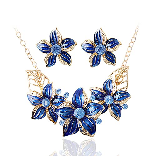 Zittop Fashion Women Crystal Flower Statement Gold Plated Necklace Earrings Jewelry Set (Blue)
