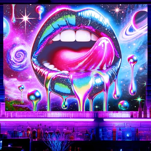 Image of BlissYard Blacklight Tapestry Lip Tapestry 78x59 Inch UV Reactive Tapestry Glowing Tapestry Large Neon Tapestry Posters Wall Hanging for Home Living Room Bedroom Party Decor Photo Shoot Props