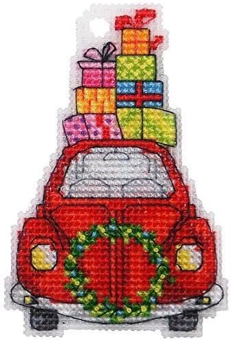 Wizardi Counted Cross-Stitch Kit on Plastic Canvas with Car. Christmas Ornament 2,36x3,74 Inches. Plastic Canvas Sheet. Wonderful for Art & Needlework Amateurs. 8027A Alisena