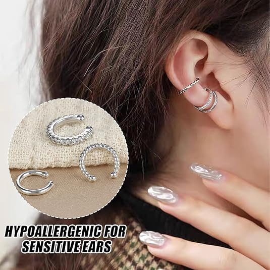 Image of 6Pcs Ear Cuffs Without Piercing for Women, Hypoallergenic Alloy Hoop Ear Clips with Rhinestone Shine, Gold & Silver Colour Ear Cuff Earrings Set, Trendy Gift Accessories