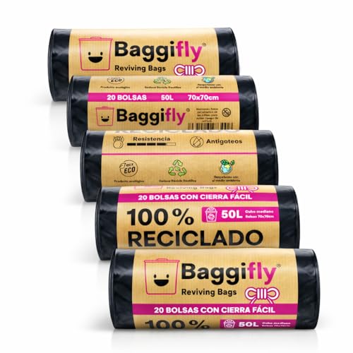 Baggifly, Bolsas de Basura 50L, 100 Bolsas Súper Resistentes, 100% Recicladas, Cierra Fácil, ECO Friendly, Hogar, Oficinas y Hostelería, Pack 5 x 20, Fabricado en España