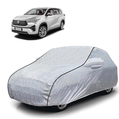 Image of Sulfar 100% Waterproof Car Body Cover Compatible with Mirror for Toyota Innova Hycross (Triple Stitched, Full Bottom Elastic, Magic Silver with Black Piping)