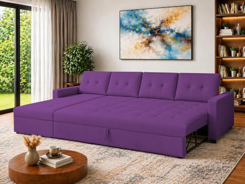 Image of Emilio 6 Seater LHS L - Shape Pull-Out Sofa Cum Bed Sofa for Living Room (Purple Fabric Color) Premium Fabric Sofa Set for Living Room Sofa Cum Bed