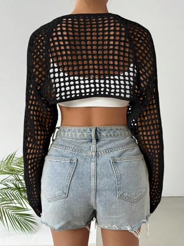 Image of Women's Lightweight Crop Cardigan Crochet Knit Long Sleeve Bolero Shrug Sweater