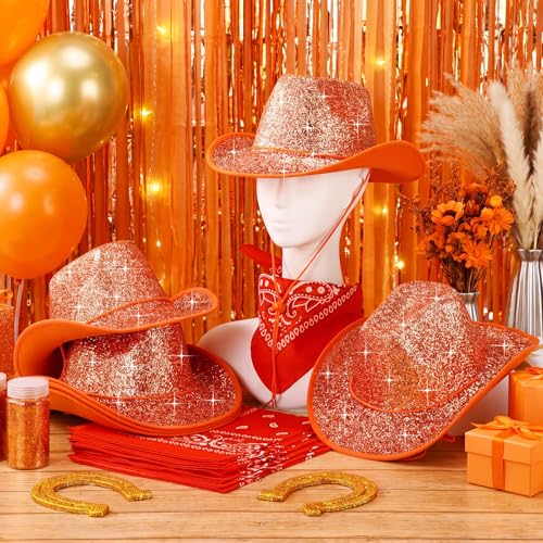Image of Coume 12 Pcs Sparkly Adults Cowboy Hat and Bandanas Women Men Western Glitter Cowgirl Party Hats with Adjustable Drawstring