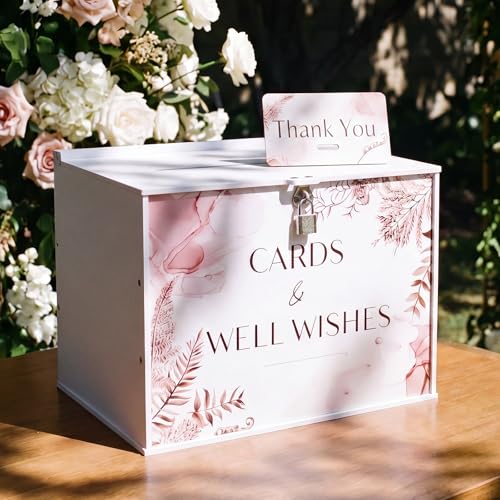 BreezeHug 14" Boho Pampas Wedding Card Box with Lock & Thank You Sign by BreezeHug - Used condition - US$26.59