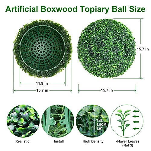VegasDoggy 2 PCS 15.7 Inch Artificial Boxwood Balls Topiary - UV Protected 4 Layers Faux Plants Decorative Balls for Indoor, Outdoor, Garden, Wedding, Balcony, Backyard and Home Decor - Thumbnail 3