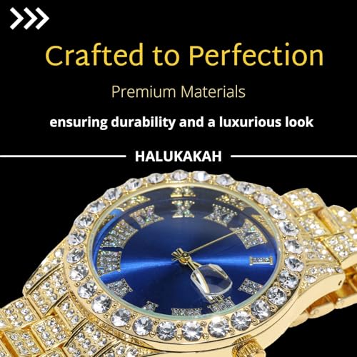 Image of Halukakah Diamonds Gold Watch Iced Out for Boy Teens Kids - 18K Real Gold /Platinum Plated,42mm Blue /Green /Red Dial,Japanese Quartz - 8 inch Length - Optional with Cuban Link Chain,with Watch Adjuster Tool