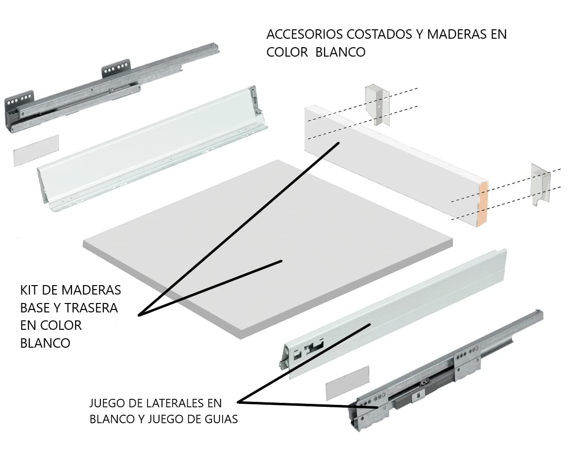 Cajón de cocina con guías laterales de auto freno y maderas de montaje base y trasera incluidas, rieles de hasta 50 kg de peso, color en blanco, fondo de 50 cm (MODULO - 60)