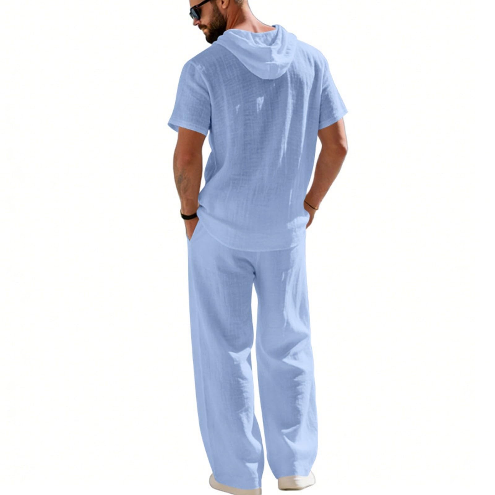 Sommeranzug Herren Leicht Leinen Set Kurzarmhemd Und Hose Sommer Outfit Set 2 Teiliges Strandanzug Einfarbig Casual Hawaii Kostüm mit Kapuze Freizeitanzug Leinenanzug