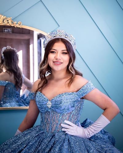 Sparkly Tulle Quinceanera Dresses Glitter Beaded Off Shoulder Sweet 16 Dresses Pleated Vestidos De 15 with Bow4