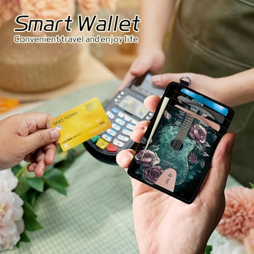 Small Travel Wallets, Guitar Slim Minimalist Front Pocket Wallet with Wristlet, RFID Blocking PU Leather Credit Card Holder with ID Window Change Purse for Men Women4