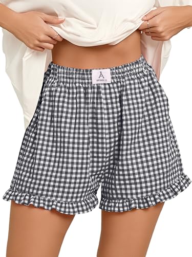 ANRABESS Boxer Shorts for Women Gingham Plaid Elastic Waist Ruffle Perfect for Lounge Pajama&Sleep Cute Casual Summer Bottoms Black White Plaid Medium