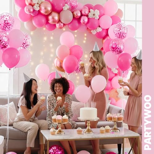 Image of PartyWoo Pink and Gold Balloons 65pcs 12 Inch Metallic Gold Pearl Matte Hot Light Pastel Pink Confetti Balloons for Gender Reveal Baby Shower Bridal Shower Princess Birthday Party Decorations