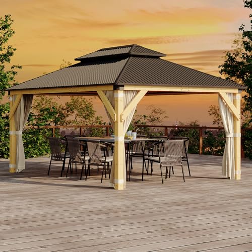 Garvee 12x16 Ft Hardtop Gazebo with Nettings and Curtains, Wood Grain Heavy Duty Double Roof Galvanized Steel Outdoor Combined of Vertical Stripes Roof for Patio, Backyard, Deck, Lawns, Khaki - Image 2