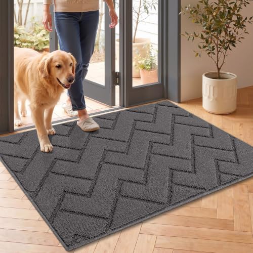 Image of hicorfe Door Mat Indoor Entrance,24 inchx35 inch Non Slip Welcome Mat,TPR Backing Dirt Trapper Front Door Mat,Washable Floor Mats,Low-Profile Indoor Door Mats for Entryway,Entrance,Hallway,Laundry(Grey)
