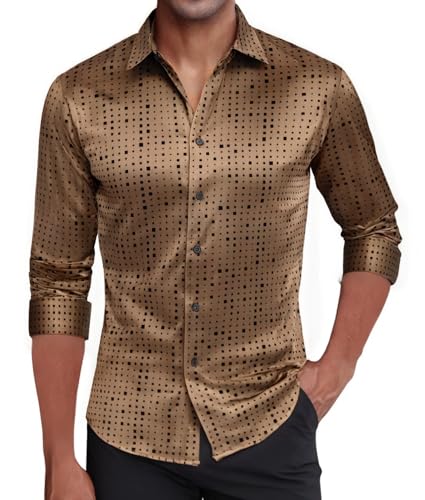 Damipow Men's Silk Satin Dress Shirts Long Sleeve Casual Button Down Shirt Party Prom Wedding Shirt