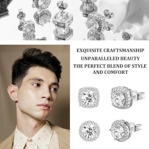 Cubic Zirconia Earrings Studs, 4 Pairs Small Square Woman Mens Stud,Anti Sensitive Water Drop Shape,Square Round Earrings3