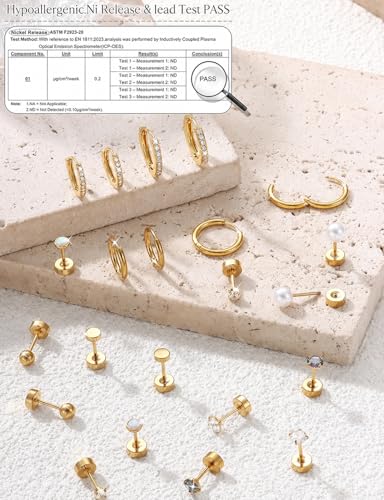 Image of Shining Diva Fashion 12 Pairs Anti Tarnish Earrings Combo Set | 14K Gold Plated | Hypoallergenic Stainless Steel Earring for Sensitive Ears | Flat Back Stud Hoop Cartilage Earring for Multiple Piercing