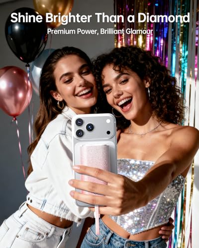 Image of iWALK Sparkly 10000mAh Portable Charger, 22.5W Fast Charging Small Power Bank with Built-in USB-C Cable, Diamond Glitter Ultra-Compact Battery for iPhone 17 /17 Pro /16 /16 Pro /15, Samsung,ShinyPink