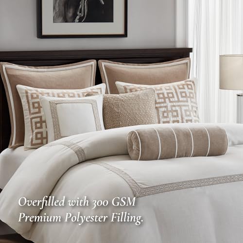 Image of Madison Park Signature Oversized Queen Comforter Set, Luxury Hotel Style Bedding with Embroidered Details, All Season Down Alternative Comforter, Matching Shams&Decorative Pillows, Tan /Ivory, 8 Piece