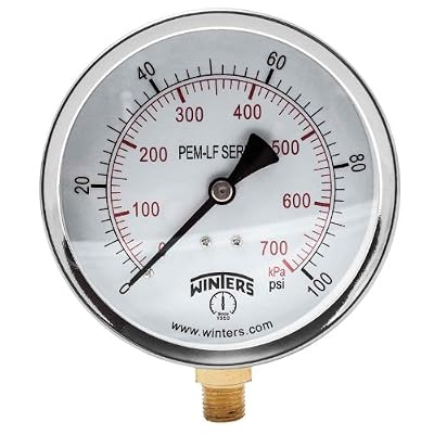 Winters 4 inch Dial Size, Economy Utility Pressure Gauge, Potable Brass Internals, Steel Case, Dual Scale 0-100 psi/kPa, 3-2-3% Accuracy, 1/4 inch NPT Bottom, Glass Lens, Drinking Water Gauge