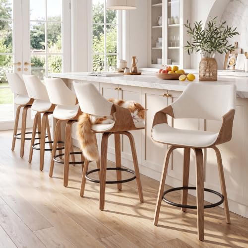 Image of HNY 26 inch Swivel Bar Stools Set of 5, Beige Linen Counter Height Barstools | 360 Swivel Bar Height Stools, Barrel Backrest, Solid Wood Frame, Round Footrest, Counter Stools for Kitchen Island, Home Bar