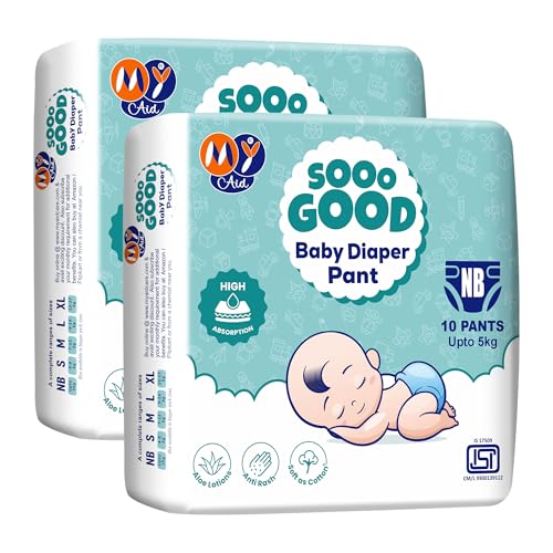Image of SOOO GOOD Baby Diaper Pants With Aloe Lotion & Wetness Indicator | Soft & Comfortable | Fast Absorption, Rash-Free, Leak-Proof, For Newborns Up to 5 kg, 20 Count, Pack of 2