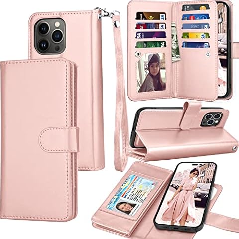 Tekcoo Wallet Case Compatible with iPhone 14 Pro (6.1 inch) 2022 Luxury ID Cash Credit Card Slots Holder Carrying Pouch Folio Flip PU Leather Cover [Detachable Magnetic Case] - Rose Gold Cover