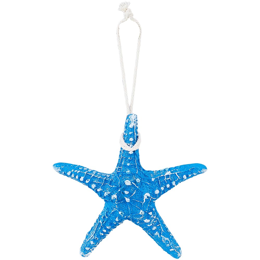 GORGECRAFT Blue Starfish Ornaments Resin 21cm Summer Sea Ocean Beach Themed Artificial Hanging Finger Star Fish Ornament with Rope for DIY Craft Wedding Christmas Wreath Home Decor