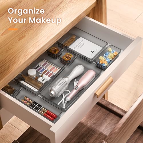 Image of A-LuGei 【Military Grade Drawer Organizer, 【𝟱𝗦𝗶𝘇𝗲】 Makeup organizer, 【Holds 177 Items】 Bathroom Organizers and Storage, Organization and Storage, Desk Drawer Organizer for Vanity (Clear Black)