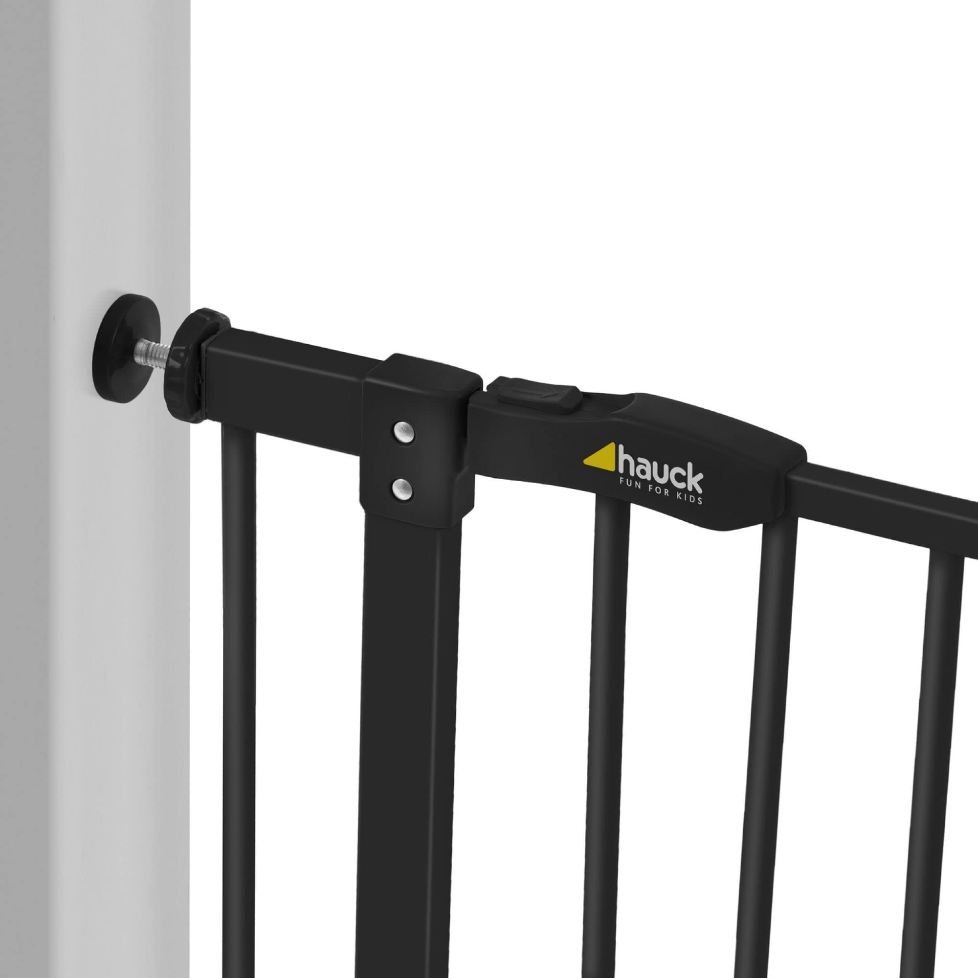 Hauck Baby Gate for Doors and Stairs Close N Stop inclusive 21 cm Extension, Child Stair Gate for Widths 96 to 101 cm, Pressure Fit - No Screws, One-Handed Opening to Both Sides, Metal, Black