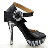 SHOW STORY Womens Black Flower Ankle Strap Stripe Platform Pumps,LF30404BK39,8US,Black