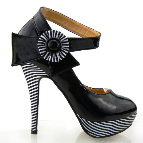 Show Story Womens Black Flower Ankle Strap Stripe Platform Pumps,Lf30404Bk39,8Us,Black #TOP16