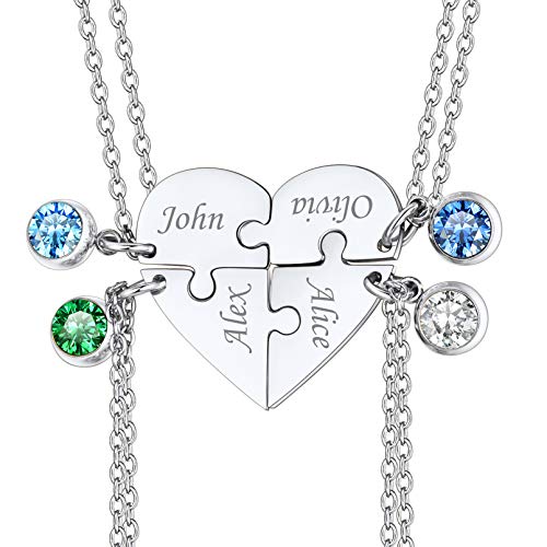 Custom4U Collier Médaillon Amitié BFF Coeur Sécable 4 Prénoms Personnalisable Pierre de Naissance Pendentif Puzzle Séparable