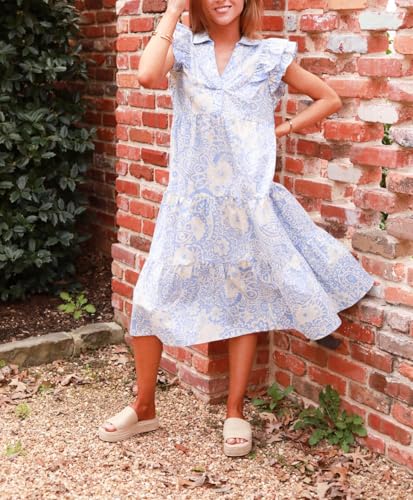 Image of Women Patchwork Dress Y2k Floral Puff Short Sleeve Maxi Dress Summer Boho Smocked Tiered Ruffle Beach Sundress