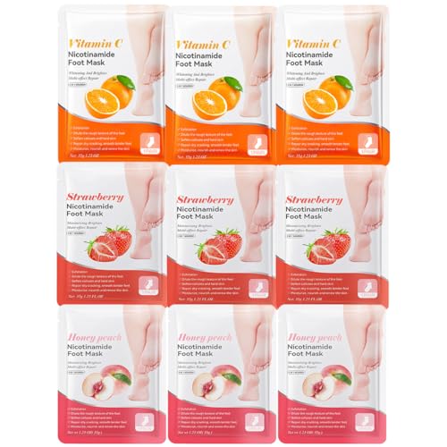 IKOPFLN 9 Paia di Maschera Piedi Esfoliante,Maschera Piedi Idratante,Per Secchi e Screpolati Cura dei Piedi(Pesca +Arancia + Fragola)