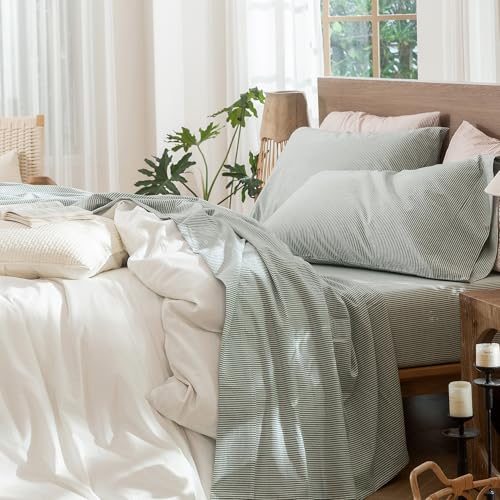 Image of MooMee Striped Sheet Set 100% Washed Cotton Linen Like Cal King