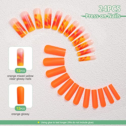 Kikmoya Extra Long Square Fake Nails Orange Glossy Press On Nails Orange Mixed Yellow Clear Nail Tips 24Pcs False Nails Manicure Acrylic Nail Kit For Women And Girls (F26) #TOP4