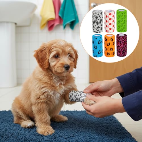 Image of Qpets Waterproof Self-Adhesive Pet Bandage, 6 Rolls Lick-Proof 10x5cm | Non-Woven Stretchy Material, Wound Protection, Keeps Wounds Clean & Dry, Gentle on Fur, Easy to Apply & Remove