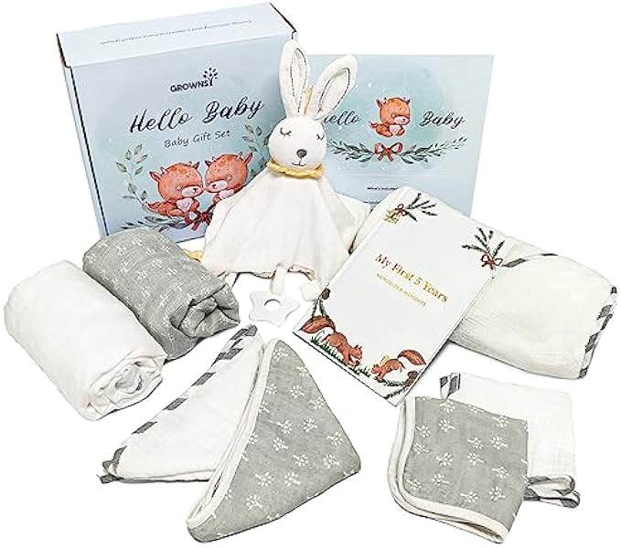 GROWNSY Baby Shower Gifts, Unisex Baby Gift Set with Baby Memory Book, Swaddle Blanket, Cute Bunny, Hooded Bath Towel, Burp Cloth and Washcloth, Perfect Baby Gifts Basket for Newborn