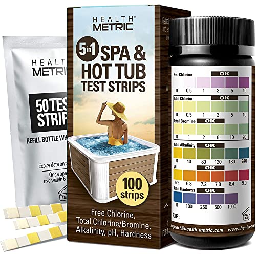 Health Metric Tiras Reactivas para Bañeras de Hidromasaje y Spas - 100 uds - Kit 5 en 1 para Cloro, Alcalinidad, pH y Dureza - Test Calibrado para Piscina de Agua Caliente